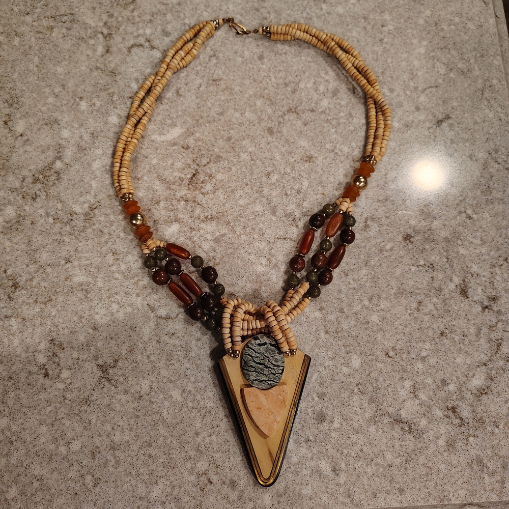 Bohemian Beige and Brown Beaded Pendant Necklace